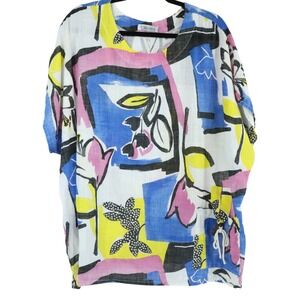 T by Transparente Abstract Floral Top Art To Wear Linen Blend Womens Shirt OS